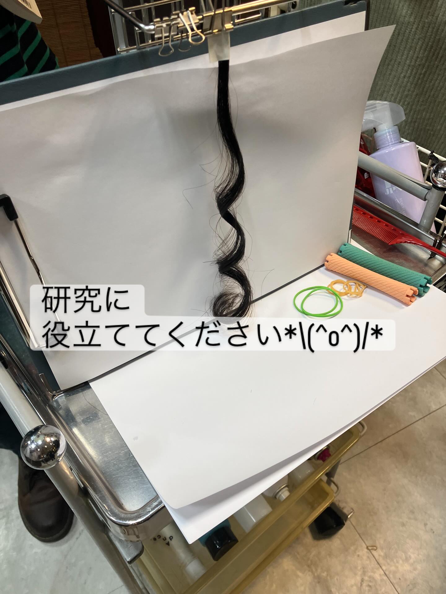 研究用に巻かれたロッドとカールした毛束